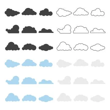 Cloud vector set, flat weather icons, sky shapes collection in black blue Stock Illustration