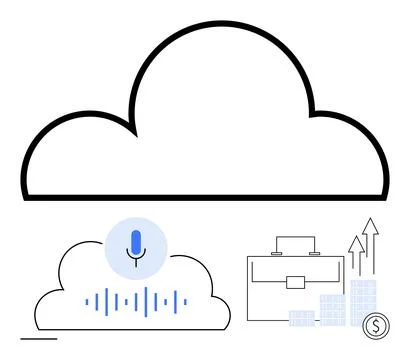 Cloud with voice command icon, briefcase with rising graph, financial growth  스톡 일러스트