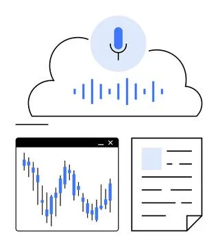 Cloud with voice recognition microphone and sound waves, stock market graph,  Stock Illustration