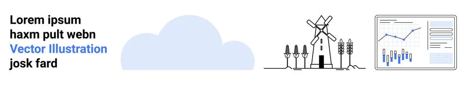 Cloud, wind turbines, coding text, data analytics screen with graphs. Ideal f Stock Illustration