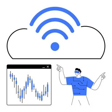 Cloud with wireless signal, chart with stock market data, and a pointing pers イラスト素材