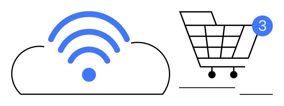 Cloud with wireless signal lines and blue dot, a shopping cart with a notific Stock Illustration