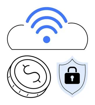 Cloud with wireless signal, lock on shield, and coin with dollar sign. Ideal  イラスト素材