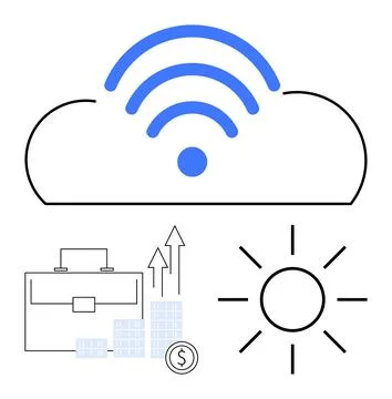 Cloud with wireless symbol, briefcase, dollar coin with graphs of rising arro Stock Illustration