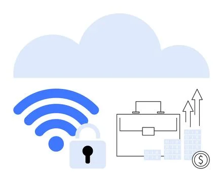 Cloud, wireless symbol with lock pad, briefcase, stacks of coins, and upward  库存插图