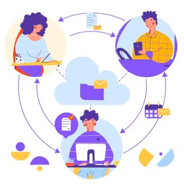 Cloud work service flat vector illustration. Remote work Digital communication. Illustrazione stock