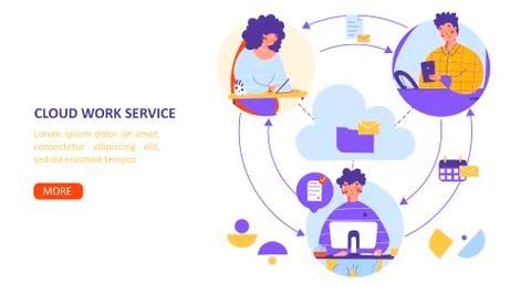 Cloud work service flat vector landing page template. Remote work Digital Stock Illustration