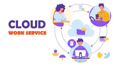 Cloud work service flat vector landing page template. Remote work Digital Stock Illustration