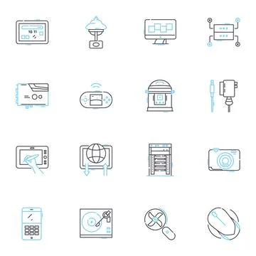 Cloud workstations linear icons set. Virtualization, Cloud computing, Workspace Stock Illustration