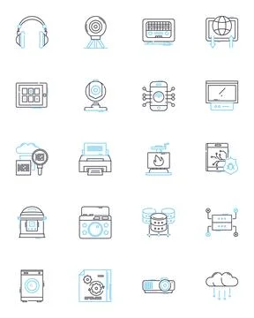 Cloud workstations linear icons set. Virtualization, Cloud computing, Workspace Stock Illustration