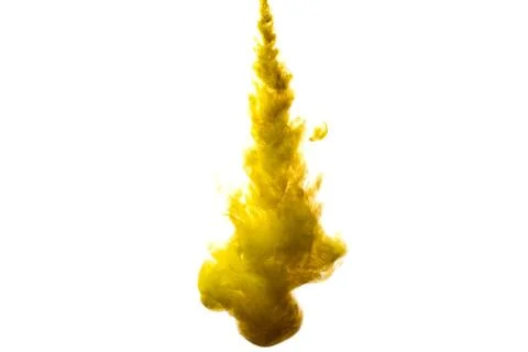 A cloud of yellow paint released into clear water. Isolate on a white backgro Foto stock
