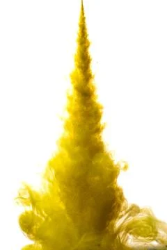 A cloud of yellow paint released into clear water. Isolate on a white backgro Stock-Fotos