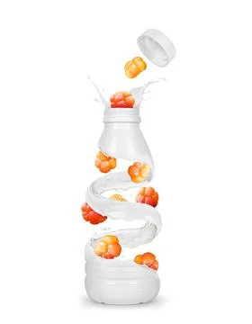 Cloudberry with a bottle made from milk splashes Stock Photos