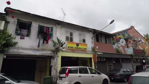 Clouded Leopard and Cat Mural, shophouse, Chinatown, Kuching, Malaysia, Borneo Stock Footage 169384079