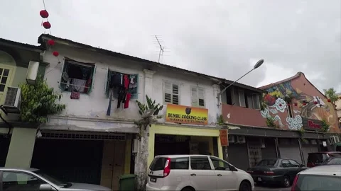 Clouded Leopard and Cat Mural, shophouse, Chinatown, Kuching, Malaysia, Borneo Stock Footage 169384080