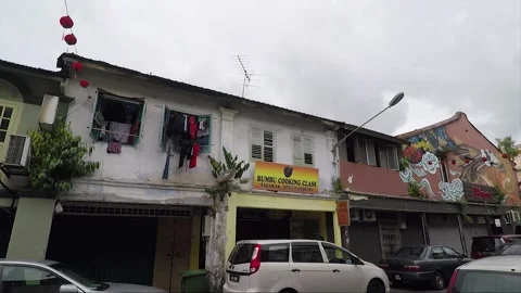 Clouded Leopard and Cat Mural, shophouse, Chinatown, Kuching, Malaysia, Borneo Stock Footage 169384084