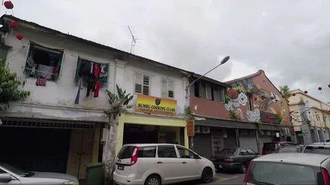 Clouded Leopard and Cat Mural, shophouse, Chinatown, Kuching, Malaysia, Borneo Stock Footage 169384089