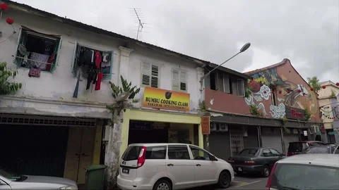Clouded Leopard and Cat Mural, shophouse, Chinatown, Kuching, Malaysia, Borneo Stock Footage 169384138