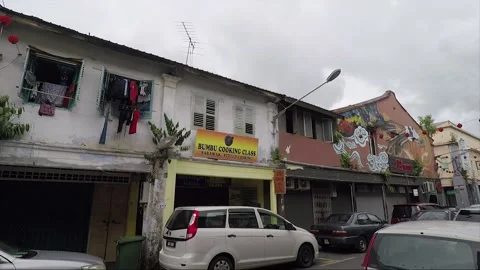 Clouded Leopard and Cat Mural, shophouse, Chinatown, Kuching, Malaysia, Borneo Stock Footage 169384141