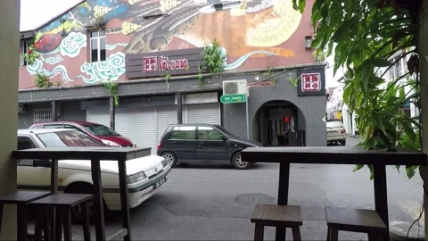 Clouded Leopard and Cat Mural, shophouse, Chinatown, Kuching, Malaysia, Borneo Stock Footage 169384317