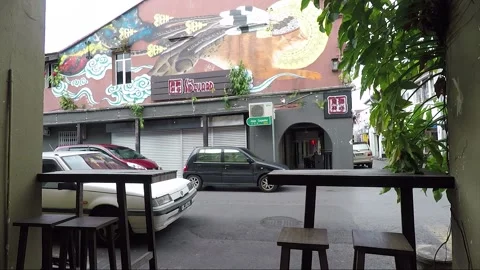 Clouded Leopard and Cat Mural, shophouse, Chinatown, Kuching, Malaysia, Borneo Stock Footage 169384320