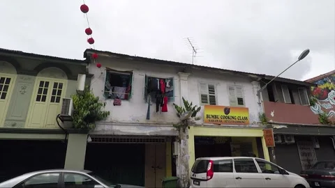 Clouded Leopard and Cat Mural, shophouse, Chinatown, Kuching, Malaysia, Borneo Stock Footage 169388107