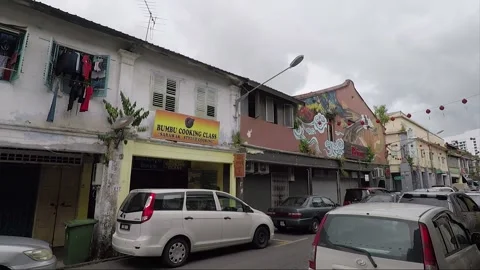 Clouded Leopard and Cat Mural, shophouse, Chinatown, Kuching, Malaysia, Borneo Stock Footage 169388116