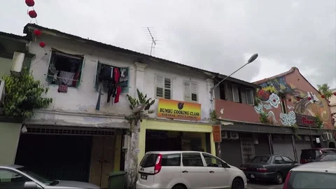 Clouded Leopard and Cat Mural, shophouse, Chinatown, Kuching, Malaysia, Borneo Stock Footage 169388121