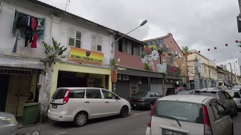 Clouded Leopard and Cat Mural, shophouse, Chinatown, Kuching, Malaysia, Borneo Stock Footage 169388165