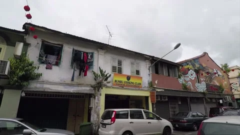 Clouded Leopard and Cat Mural, shophouse, Chinatown, Kuching, Malaysia, Borneo Stock Footage 169388272