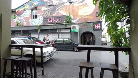 Clouded Leopard and Cat Mural, shophouse, Chinatown, Kuching, Malaysia, Borneo Stock Footage 169388406