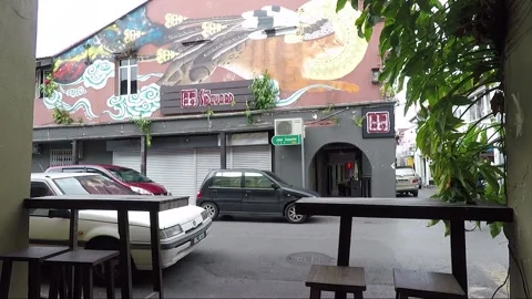 Clouded Leopard and Cat Mural, shophouse, Chinatown, Kuching, Malaysia, Borneo Stock Footage 169388448