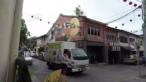 Clouded Leopard and Cat Mural, shophouse, Chinatown, Kuching, Malaysia, Borneo Stock Footage 169388628