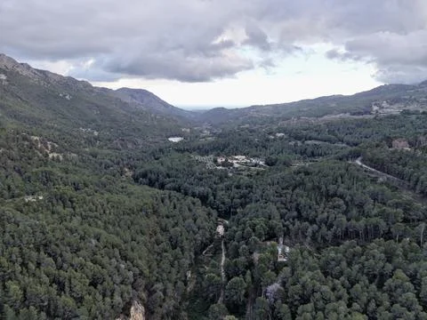 Clouded limestone ridge with pines, Cloudcovered limestone ridge surrounded by Stock Photos