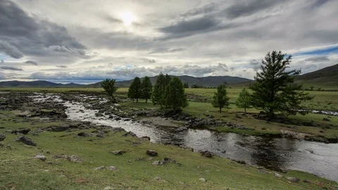 Clouds above the Ulaan river, Mongolia.  Stock Footage 77160469