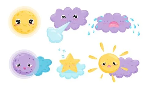 Clouds and Celestial Bodies Feeling Happiness and Sadness Vector Set 스톡 일러스트