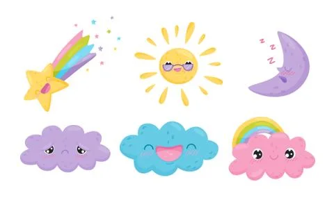 Clouds and Celestial Bodies Smiling and Feeling Sadness Vector Set Illustrazione stock