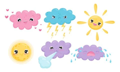 Clouds and Celestial Bodies Smiling and Crying Vector Set Stock Illustration