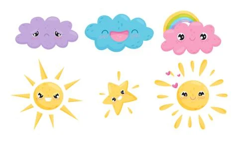 Clouds and Celestial Bodies Smiling and Feeling Sadness Vector Set Illustrazione stock