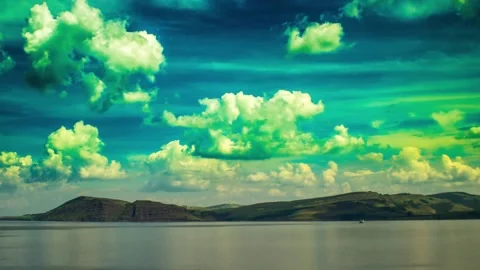 Clouds and ferry on the river. Time lapse Video Stock Footage 181894686