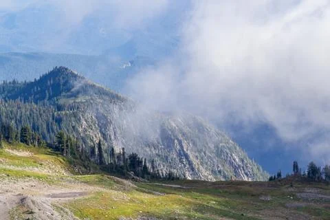 Clouds and fog float over lush forest and rocky overlook Stock Photos