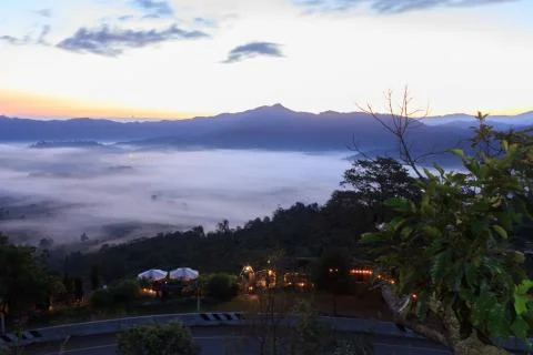 Clouds and mist covered at the top of the mountain. Stock Photos