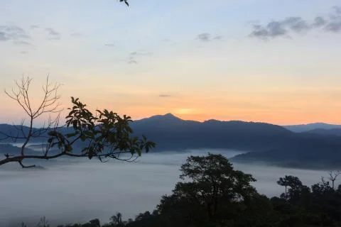 Clouds and mist covered at the top of the mountain. Stock Photos