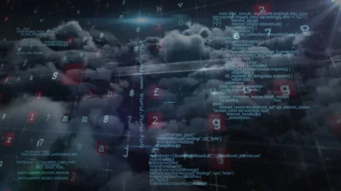 Clouds and programming code with numbers and letters animation Stock Footage 305432685