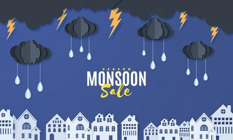 Clouds and raindrops hang on a rope over houses in paper cut style. Clouds Stock Illustration