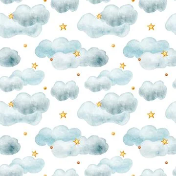 Clouds and stars seamless pattern hand drawn illustration on white background Stockillustratie