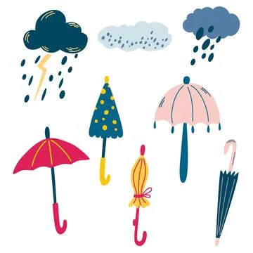 Clouds and umbrellas.  Set with colorful umbrellas and clouds with rain and t Stock Illustration