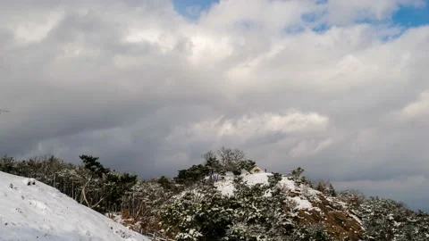 Clouds are flowing over the white snowy mountains. 스톡 동영상 145889752
