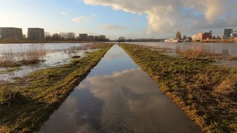 Clouds are mirroring on the cycle path, in the floodplain of the river Rhine Video stock 168440169