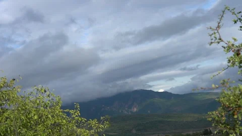 Clouds are mobing in the blue sky view from the forest green trees Stock Footage 248831742